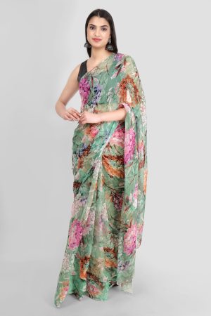 Pastel Green in Full Bloom Chiffon Saree
