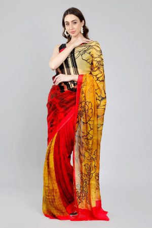 Organza Yellow-Red Saree