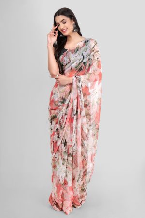 Pastel Peach with White Blooms Chiffon Saree