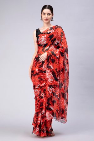 Red & Black Chiffon Saree