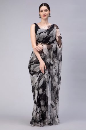 Grey & Black Chiffon Saree