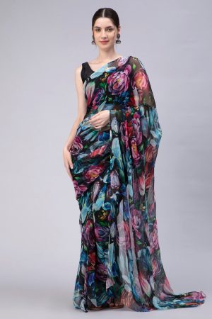 Floral Print Dark Color Chiffon Saree