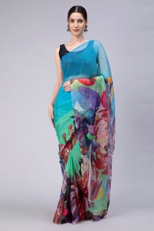 Elegant Blue Shade Floral Chiffon Saree