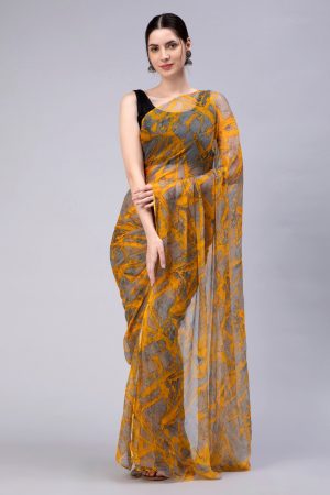 Stunning Yellow Shade Floral Chiffon Saree