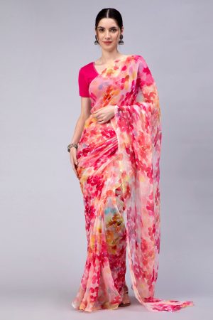 Red & Pink Shade Floral Chiffon Saree