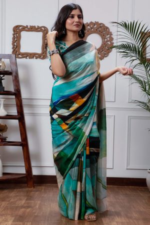 Turquoise Green Silk Crepe Saree