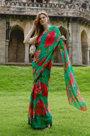 Green & Red Flowers Pure Chiffon Saree