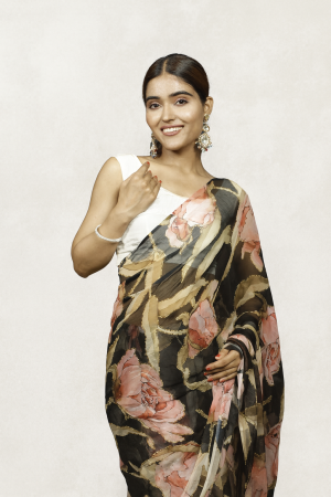 Roses in Dark Fantasy Indian Chiffon Saree