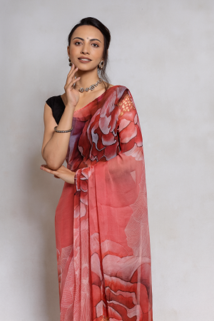 Pink Rose Bloom Pure Chiffon Saree